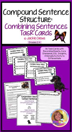 compound sentence task cards with pictures and text on purple background, including the words compound sentence