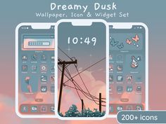 the dream dusk wallpaper, icon and widget set is shown in three different screens