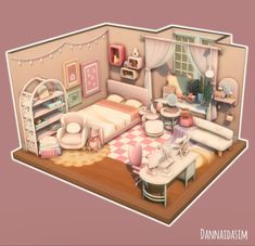 the room is decorated in pastel colors and has furniture, decor, and accessories