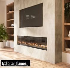 a living room with a large tv mounted on the wall and a fire place in front of it