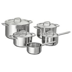 three pots and two pans with lids