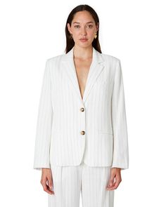 The Felix Blazer White embodies the essence of modern sophistication in outerwear. Its clean and sleek composition features a flattering tailored silhouette, exuding an air of timeless grace. Pair this pinstripe statement piece with the matching Luca... Light Grey Blazer, Formal Office, Blazer White, Office Chic, Office Setting, Striped Blazer, Elegant Shirt, Tailored Pants, Linen Blazer