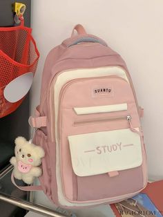 BagForLove - Charming Pink Functional Backpack with Zipper - Preppy Cartoon Letter Print Functional Backpack, White Backpack, Pink Letter, Cartoon Letters, Estilo Preppy, Kit Bag, Pink Backpack, Word Wrap, Classic Backpack