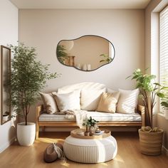 a living room with a couch, mirror and potted plants on the floor in front of it