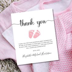 a thank card for a baby shower with pink feet on it and the words, thank you