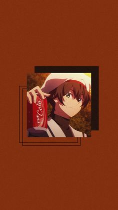 an anime character holding a coca - cola can in his hand and looking at the camera