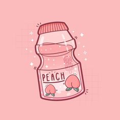 a pink bottle with peaches on it and the words peach written in white letters