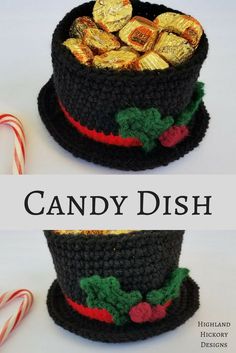 two crocheted christmas hats with candy canes in the bottom and candy dish on top