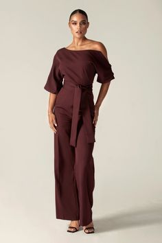 Ana Off Shoulder Belted Jumpsuit (Black Cherry) Wide Leg Tailored Pants, Dark Feminine Style, Belted Jumpsuit, Belt Jumpsuit, Neckline Dress, Jumpsuit Black, Satin Blouse, Necklines For Dresses, Feminine Outfit