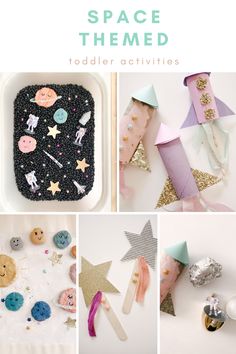 a collage of photos with the words space themed toddler activities written below it