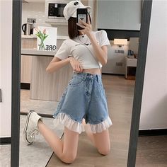 Color: Light Blue 0328, Size: 2XL Streetwear Pants, Aesthetic Light, Color Light Blue, Denim Cotton, High Waisted Shorts Denim, Denim Shorts Women, Plus Size Womens Clothing, Fashion Korean, Y2k Streetwear