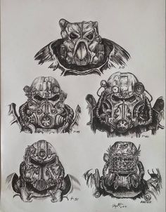 four drawings of different types of armor and helmets on white paper with writing underneath them