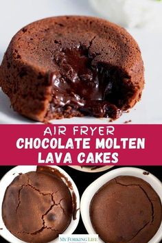 air fryer chocolate molten lava cakes on a white plate with text overlay