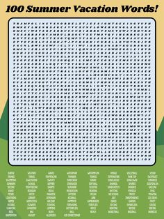 a poster with words and numbers on it that say 100 summer vacation word searchers