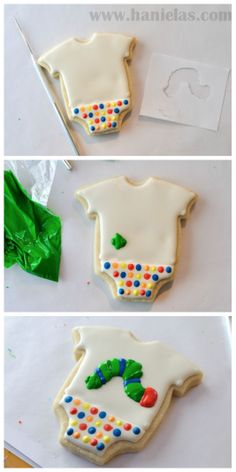 three pictures of decorated cookies with different designs on them, including one in the shape of a t - shirt