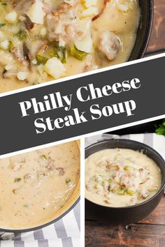 Philly Cheese Steak Soup is a hearty soup loaded with chopped deli roast beef, diced onions, green bell peppers, sliced mushrooms and provolone cheese. #comfortfood #roastbeef #heartysoup #easyrecipe #easydinner
​