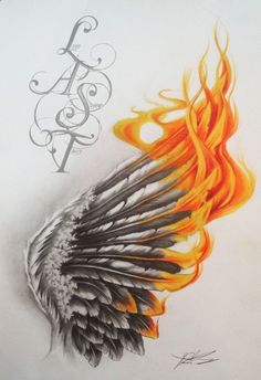 a drawing of an angel wing with orange and black flames in the middle of it