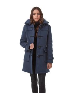 Royal Blue Duffle Coat Women, Duffel Coat, Toggle Coat, Woolen Sweaters, Duffle Coat, Boiled Wool, Coat Design, Mixing Fabrics, Grey Women