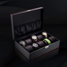 Introducing the Black Carbon Watch Case with 10 Slots for Secure Timepiece Storage. This elegant watch case provides a secure and stylish solution for organizing and protecting your valuable watches. Collect your watches in this sophisticated black wooden box adorned with carbon fiber. The addition of a red border adds a touch of personality to the design. This case not only takes care of your watch collection but also keeps it out of sight when necessary. Key Features: Suitable for watches up t Leather Watch Box, Watch Storage Box, Earring Storage, Watch Holder, Watch Boxes, Watch Storage, Watch Display, Watches Unique, Watch Gifts