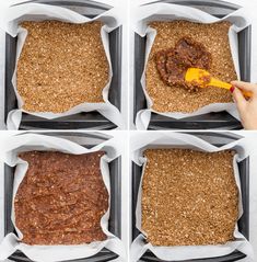 four pictures showing how to make baked brownies