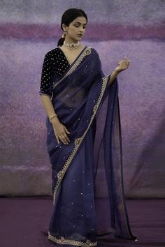 Shop for Deepthee Blue Velvet Floral Embroidered Saree With Blouse for Women Online at Aza Fashions Navy Blue Velvet Blouse, Velvet Blouse Designs Indian, Blue Velvet Blouse, Velvet Blouse Design, Navy Blue Saree, Blue Blouse Designs, Velvet Saree, Indian Sari Dress, Lehenga Designs Simple