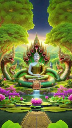 a buddha statue sitting on top of a lush green field next to flowers and trees