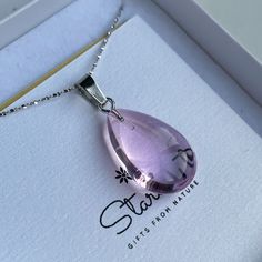 Very delicate and pink drop glass pendant featuring sterling silver 'star' chain 45cm.  Cute and lovely pendant for ladies who love pink hues and elegant jewelry. This pendant in the shape of a water-drop represents a symbol of purity and femininity. Looks very refined on ladies necks and could be the perfect detail of her elegant outfit.  All jewelry comes in premium packaging, gift ready, plus a stylish postcard  All of our jewelry are designed and crafted by hand in our atelier in Bulgaria wi Silver Teardrop Pendant Crystal Necklaces For Gifts, Silver Teardrop Pendant Crystal Necklace Gift, Dainty Silver Crystal Necklaces As Gift, Crystal Round Pendant Necklace As Gift For Her, Silver Crystal Necklace As Gift For Her, Silver Crystal Pendant Necklace For Gift, Mother's Day Gift Crystal Pendant Necklace, Sterling Silver Crystal Pendant Necklaces For Gifts, Silver Pendant Crystal Necklace For Mother's Day