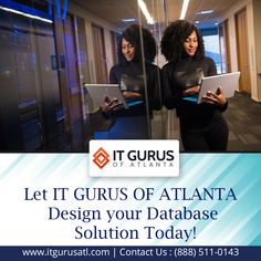 two women looking at their laptops in front of a glass wall with the words let it gurus of atlanta design your data solution today