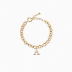 You’ll be unforgettable in this gold initial bracelet. Crafted from a gold chain bracelet and an initial pendant, our Remember Me Bracelet deserves a spot in your jewelry collection. For a fully personalized look, shop our Initial Jewelry Collection. Personalized Gold Name Bracelet With Adjustable Chain, Personalized Gold-tone Bracelets As A Gift, Trendy Personalized Gold Name Bracelet, Trendy Everyday Initials Jewelry, Trendy Everyday Jewelry With Initials, Trendy Gold Name Bracelet For Personalized Gift, Trendy Gold Chain Bracelet With Charms, Adjustable Gold Charm Bracelet With Initials, Personalized Gold Plated Chain Bracelet For Everyday