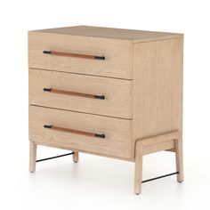 a wooden dresser with three drawers on one side and two handles on the other end