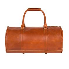 a brown leather duffel bag on a white background