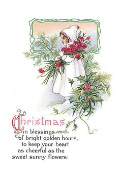 a christmas card with an image of a woman holding flowers