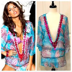 New With Tag Blue Paisley, Hot Pink Stones All Intact And Silver Threading So Gorgeous I Have This In M And Get So Many Compliments Every Time I Wear It Fits Loose So Fits M As Well And Like A Tunic Mint Condition, No Flaws, Tag Attached Pit To Pit:19” Waist:15” Pink V-neck Top For Poolside, Hawaiian V-neck Tops For Beach Season, Pink V-neck Swimwear For Vacation, Fitted Pink Beach Cover-up, Pink V-neck Beachy Swimwear, Pink Vacation Tops For Poolside, Pink Tops For Poolside Vacation, Pink V-neck Cover-up For Beach Party, Casual Pink V-neck Cover-up