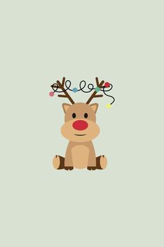 a reindeer with christmas lights on its antlers sits in front of a green background