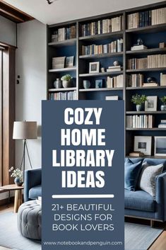 cozy home library ideas with blue couches and bookshelves