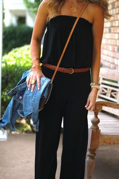 Love this...looks so comfortable! Casual Black Jumpsuit, Strapless Jumpsuit Outfit, Style 2014, Jumpsuit Outfit, Casual Work Outfit, Strapless Jumpsuit, Looks Street Style, Looks Black, Outfit Trends