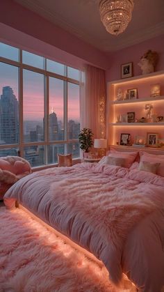 a bedroom with pink bedding and large windows overlooking the city at sunset or dawn