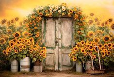 a painting of sunflowers in front of an old door and buckets full of flowers