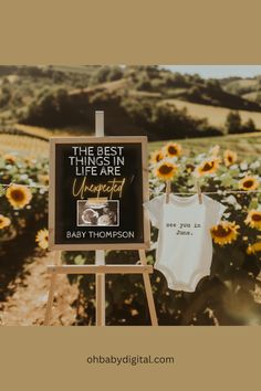 a baby announcement sign with sunflowers in the background