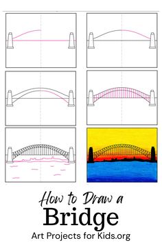 how to draw a bridge for kids with four different angles and the words, how to draw