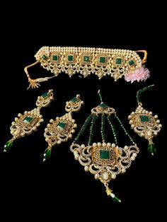 pearl wedding jewellery.                                        set includes chokar necklace,earrings, jhumar ,tikka Jhumar Tikka, Green Necklace Set, Wedding Jewellery Set, Pearl Jewelry Wedding, Pearl Wedding, Green Necklace, Jewellery Set, Wedding Jewellery, Jewellery Sets