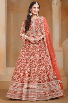 Introducing a stunning Anarkali Suit that brings timeless elegance to your wardrobe. Crafted with luxurious net fabric for the top, bottom, and dupatta, this ensemble exudes grace from every angle. The inner layer is made from soft Santoon fabric, ensuring a comfortable and smooth fit. Adorned with intricate embroidery work, this Anarkali suit is perfect for making a statement at weddings, festive gatherings, or special occasions. With its semi-stitched design, it offers the flexibility to tailor the fit to your preference, giving you a custom feel with minimal effort. Please note, slight color variations may occur due to lighting conditions, adding a unique charm to each piece. Orange Dupatta, Pink Anarkali Suits, Net Anarkali, Velvet Suit Design, Suit Model, Lehenga Bridesmaid, Diwali Dresses, Pink Anarkali, Bridesmaid Saree