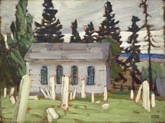 a painting of a white house with trees in the background