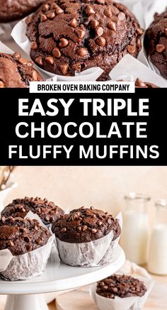 chocolate muffins on a white plate with milk in the background and text overlay that reads easy triple chocolate fluffy muffins