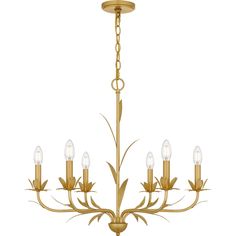 a gold chandelier with six lights hanging from the ceiling