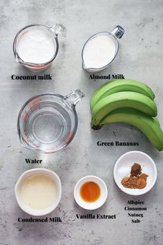 ingredients to make banana smoothie laid out on top of a gray surface with text