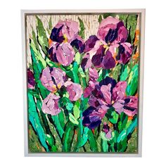 a painting of purple flowers in a white frame