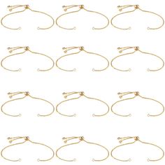 six pairs of gold bracelets on white background