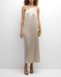 Ungaro Shae One-Shoulder Satin Maxi Dress Shoulder Knots, Maxi Dresses Fall, Pleated Maxi Dress, Satin Maxi, Pleated Maxi, Satin Maxi Dress, Halter Maxi Dresses, Ruffled Maxi Dress, Long Sleeve Maxi