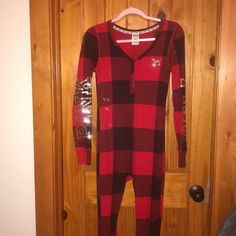 Super Cute And Comfortable Plaid Pink Onesie Size Small Like New Without Tags I Want To Say I Never Wore It Because Is Not My Size, Christmas Ready Red Sleepwear For Overnight, Fitted Red Sleepwear For Winter, Pink Onesie, My Size, Vs Pink, Women's Intimates, Victoria Secret Pink, Pink Ladies, Onesies